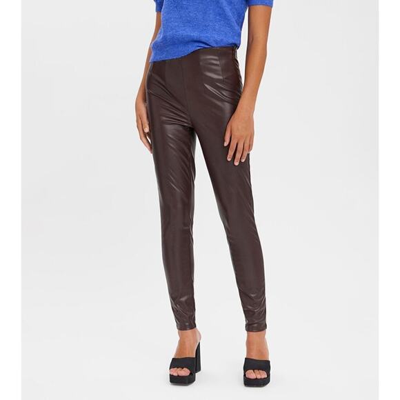 Vero Moda VMLANA HR Leggings Faux Leather High Rise Trousers Pants Brown NWT XS - Picture 2 of 9